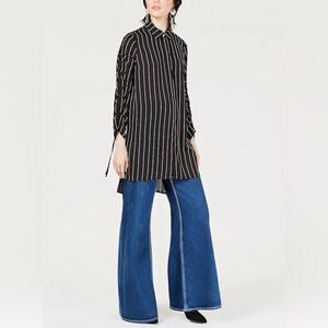 Bar II Women's Pinstripe Button Up Tunic. Ruched tie sleeves, High- to Tunic.